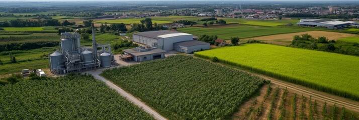 Obraz premium An extensive aerial view highlighting an industrial facility surrounded by agricultural fields, conveying balance and productivity.
