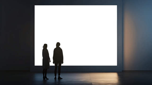 Two people standing in front of a large white wall Mockups, Transparent PNG