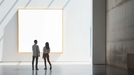 Two people standing in front of a large white wall