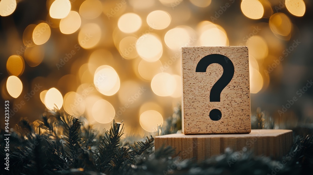 Poster question mark block against a festive background with bokeh lights symbolizing holiday inquiries and