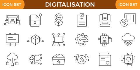 Digitalisation web icons. Digital technology icons such as cloud computing, artificial intelligence, mobile payment, coding, chip, vr glasses, innovation, network.