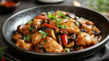 Fried chicken with all types of mushrooms in a sauce. Hot an spicy.