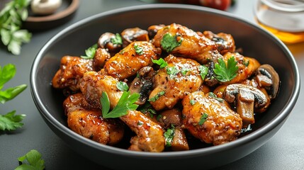 Fried chicken with all types of mushrooms in a sauce. Hot an spicy.