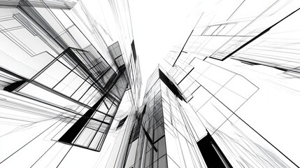 Fototapeta premium Intricate urban architecture rendered in an abstract 3D illustration. Modern buildings depicted in stark black and white lines. 