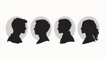 Male and female portraits, silhouettes, avatars or profiles for unknown anonymous persons. Man, woman, people. Black and white vector illustration.