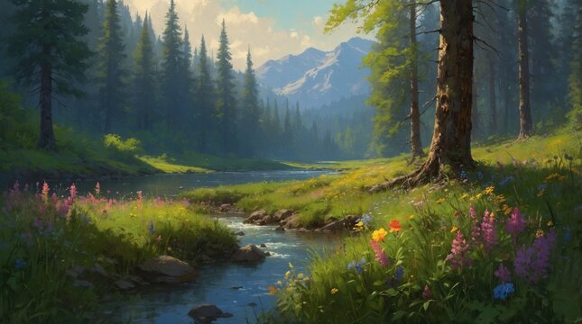Oil painting colorful meadow and river in the mountains