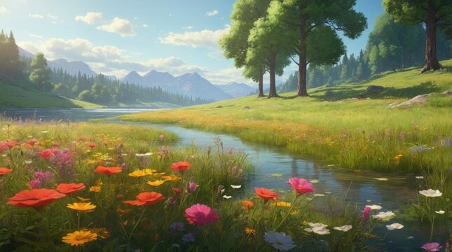 Wallpaper illustration of beautiful water in summer mountains