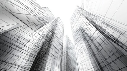 Fototapeta premium Intricate urban architecture rendered in an abstract 3D illustration. Modern buildings depicted in stark black and white lines. 