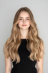 Fototapeta premium Portrait of a Young Woman with Long Flowing Hair and a Subtle Smile