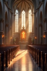 Fototapeta premium Kreuz und Lichtstrahlen in einer wunderschönen Kirchenarchitektur