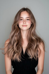 Fototapeta premium Portrait of a Young Woman with Long Flowing Hair and a Subtle Smile