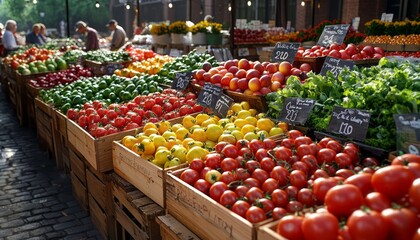Colorful farmers market filled with fresh produce on a sunny day