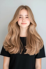 Fototapeta premium Portrait of a Young Woman with Long Flowing Hair and a Subtle Smile