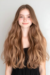 Naklejka premium Portrait of a Young Woman with Long Flowing Hair and a Subtle Smile