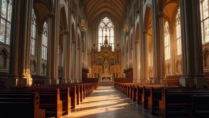Einblick in eine beeindruckende gotische Kathedrale bei Sonnenstrahlen

