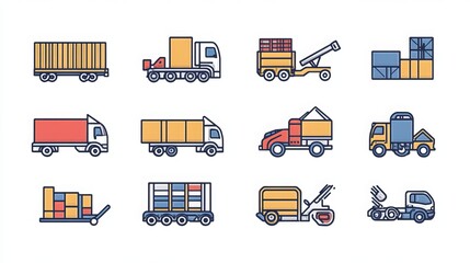 Logistics industry icons in a line style with editable strokes, depicting various concepts like picking, shipping, fragile items, towing, and transportation. 