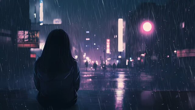 A lonely girl looking sad at a rainy city girl.
