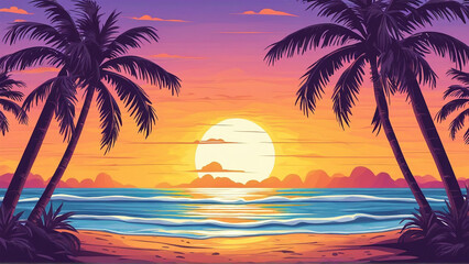 Obraz premium Tropical beach at sunset with palms. Vector illustration in cartoon style