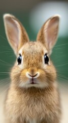 Obraz premium Curious young rabbit posing playfully in a green garden at midday light