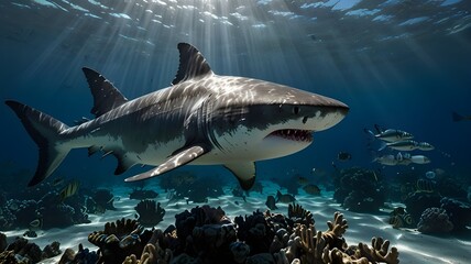 Naklejka premium A close-up view of a great white shark's open mouth reveals rows of jagged teeth against a backdrop of shimmering blue water.