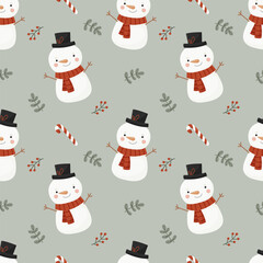 Seamless winter pattern with cute snowmen
