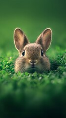 Fototapeta premium A curious rabbit peeks through lush green grass on a bright spring morning