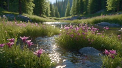 Amazing illustration of calm river in the mountains