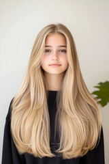 Fototapeta premium Portrait of a Young Woman with Long Flowing Hair and Calm Expression