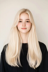 Naklejka premium Portrait of a Young Woman with Long Flowing Hair and Calm Expression