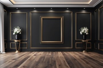 A Black and Gold Interior with White Flowers and Wooden Floor