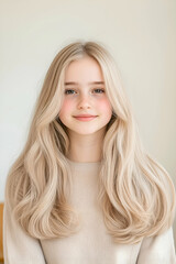 Naklejka premium Portrait of a Young Woman with Long Flowing Hair and Calm Expression