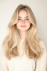Naklejka premium Portrait of a Young Woman with Long Flowing Hair and Calm Expression