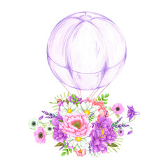 Hand drawn watercolor purple hot air balloon with bouquet of flowers isolated on white background. Can be used for postcard, poster and other printed products.