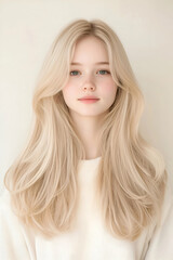 Naklejka premium Portrait of a Young Woman with Long Flowing Hair and Calm Expression