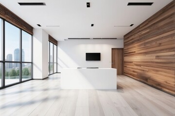 Fototapeta premium Modern Office Interior with White Reception Desk, Large Windows, and Wooden Wall