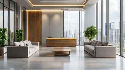 Modern office lobby with comfortable lounge area featuring sofas and armchairs, separated by wooden dividers. A sleek reception desk and large windows offer stunning city views. 
