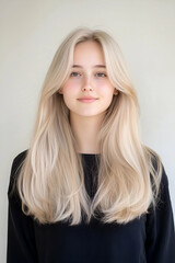 Naklejka premium Portrait of a Young Woman with Long Flowing Hair and Calm Expression