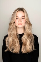 Naklejka premium Portrait of a Young Woman with Long Flowing Hair and Calm Expression