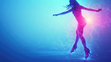 Creative poster with sportive teen girl, junior female figure skater skating over blue background with neon polygonal elements. Professional sport, beauty, winter sports. Copy space for ad
