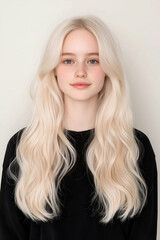 Naklejka premium Portrait of a Young Woman with Long Flowing Hair and Calm Expression