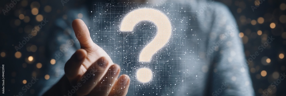 Poster A person analyzing a glowing question mark on a high-tech digital interface. Concept of inquiry and digital exploration.