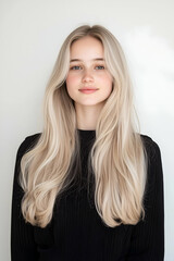 Naklejka premium Portrait of a Young Woman with Long Flowing Hair and Calm Expression