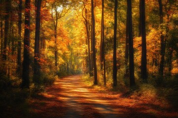 Fototapeta premium A Sunlit Path Through a Golden Autumn Forest