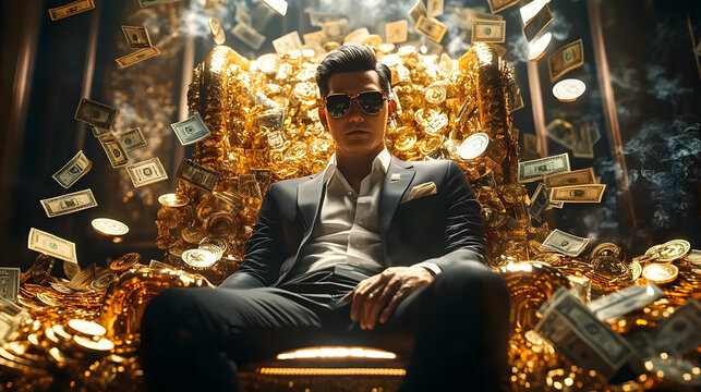 opulent tycoon surrounded by cash and cryptocurrency golden wealth display