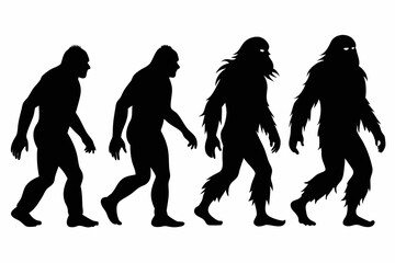 An array of Bigfoot silhouette illustrations showcasing different walking poses of the mythical creature, capturing its iconic and mysterious character.
