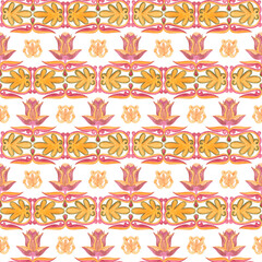 Hand drawn watercolor Russian traditional floral ornament seamless pattern isolated on white background. Illustration can be used for textile, fabric, scrapbook and other printed products.