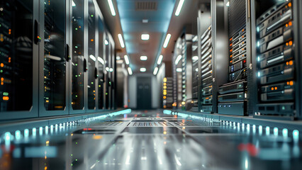 A modern data center with rows of servers and networking equipment, showcasing advanced technology infrastructure and digital storage solutions.