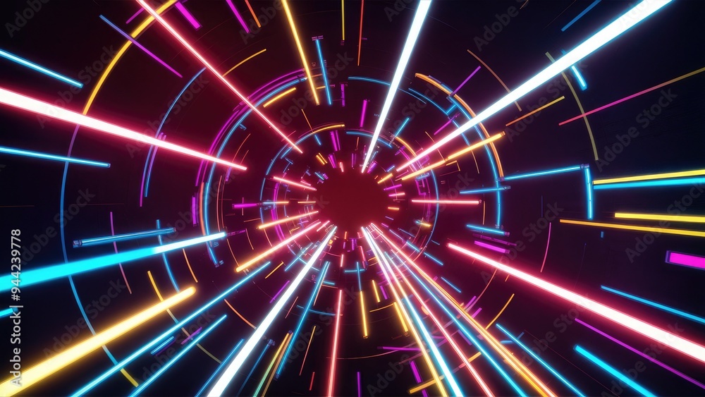 Poster dynamic abstract tunnel featuring vibrant multicolor spectrum. bright neon light rays and glowing li