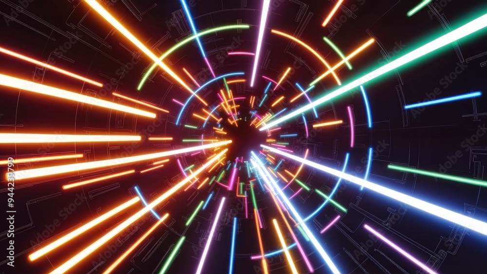 Poster dynamic abstract tunnel featuring vibrant multicolor spectrum. bright neon light rays and glowing li