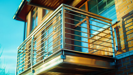 Fototapeta premium A modern balcony with stainless steel railings attached to a contemporary apartment building on a sunny day.